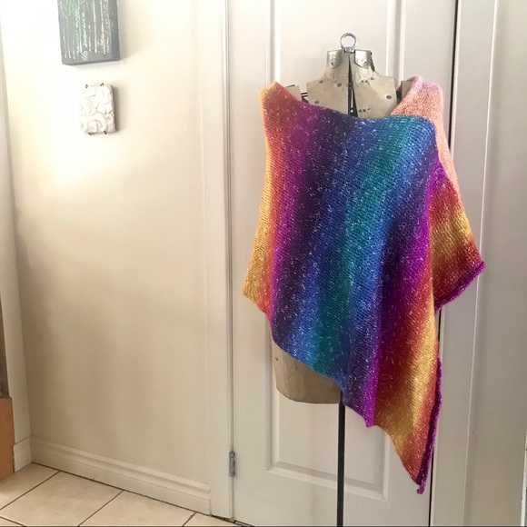 Hand Knit Rainbow Poncho Shawl - Picture 4 of 8